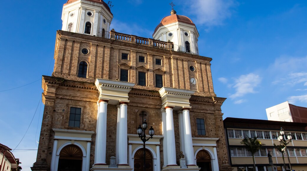 Historical Santa Rosa de Osos Cathedral at the Bolivar square of the small town of Santa Rosa de Osos in Antioquia, Colombia.