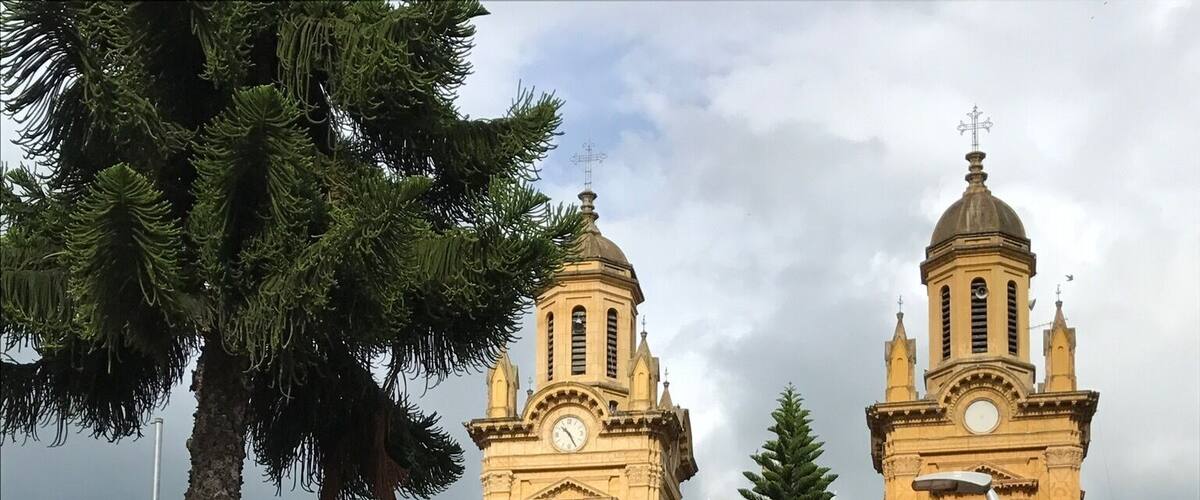A historic church with two bell towers, surrounded by well-maintained gardens and palm trees.