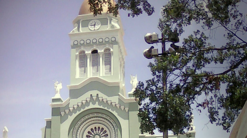 Es la Iglesia principal de Cajicá. En esta foto la vemos de color verde claro. Acababan de pintarla, pues ya llevaba años de color amarillo.