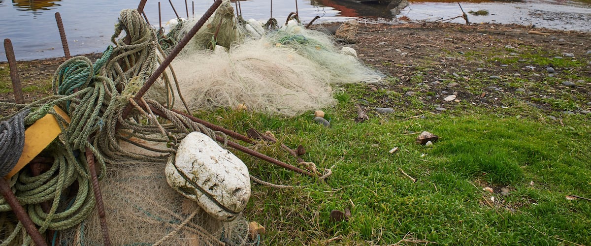 A lakeside with boats, fishing nets, and a grassy shore.