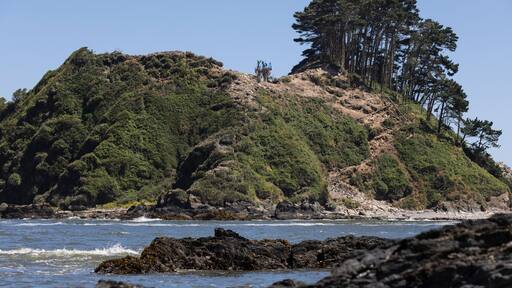 Isla Maiquillahue and big, serrated rocks in the Pacific Ocean of Chile