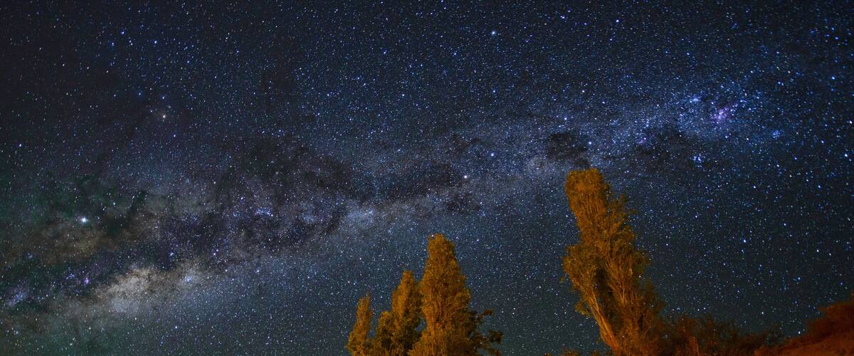 Cielo nocturno estrellado con la Vía Láctea visible, una ladera boscosa y una montaña al fondo.