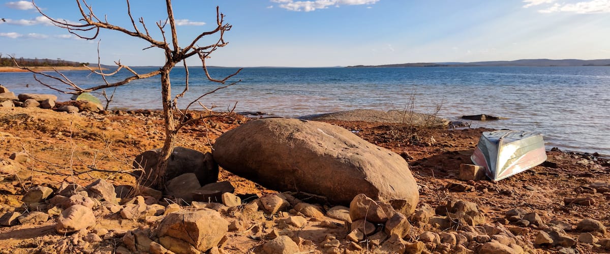 A rocky shoreline with a large boulder, a leafless tree, and a discarded object by the water.