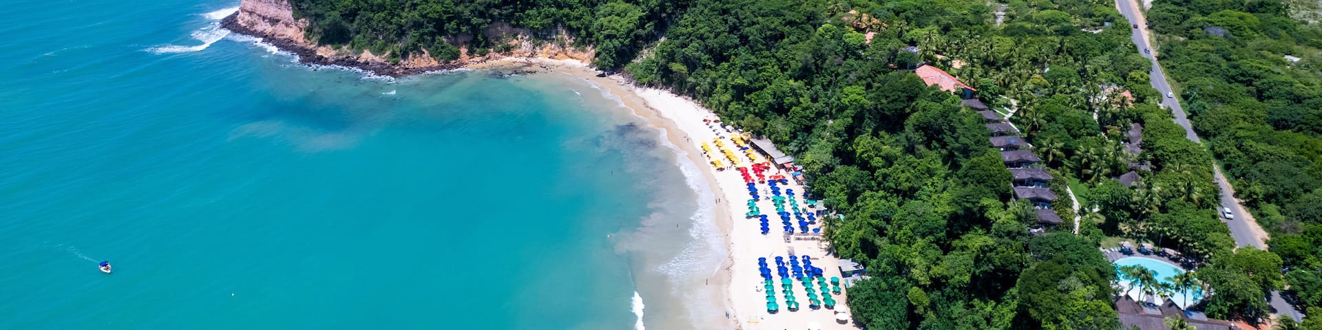Aerial view of Madeiro beach, in Pipa, Natal, Rio Grande do Norte, Brazil