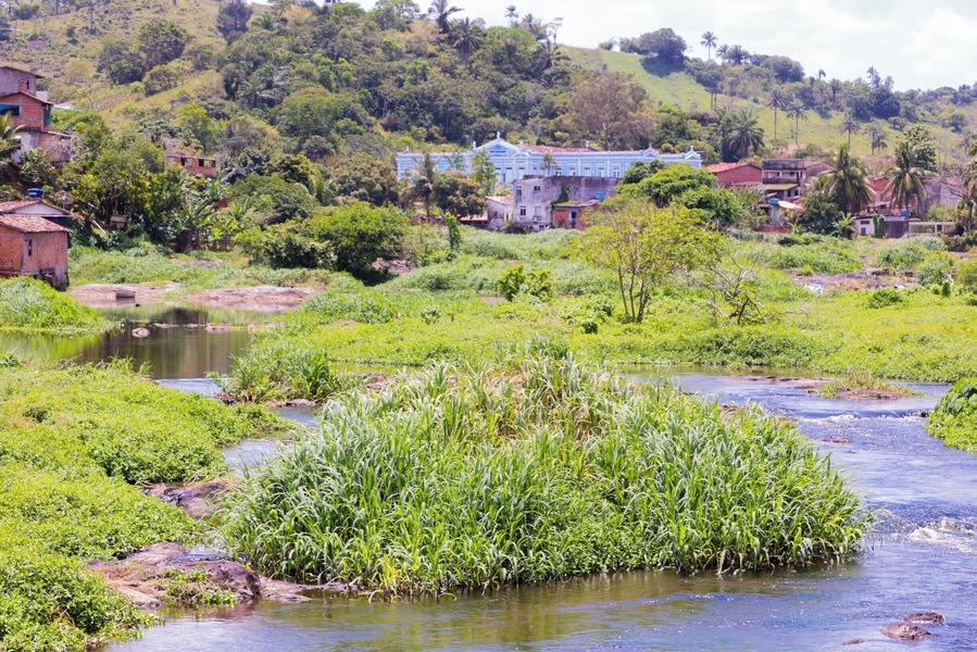 View of shallows of Rio Jaguaripe in Nazaré, Bahia, Brazil.
