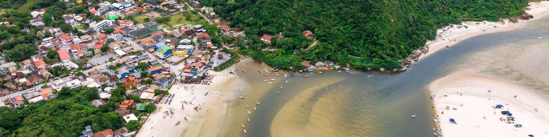 An aerial view of a coastal town with a beach, river, and dense forest.