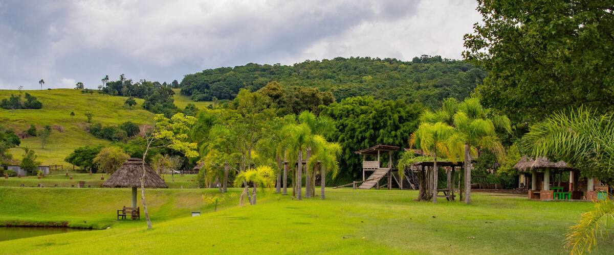A lush green landscape with a thatched-roof hut, palm trees, and a wooden structure with stairs.