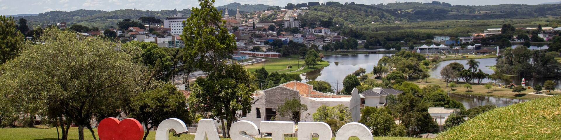 Castro Paraná Brazil Welcome sign at the top of the hill in the city of Castro with an aerial view in the background