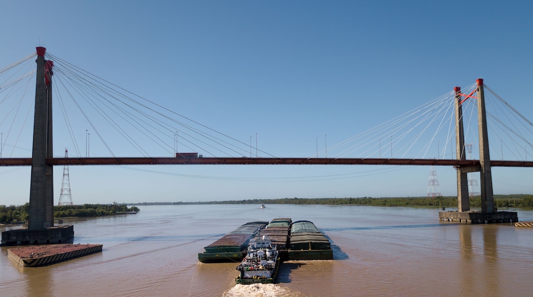 Long Arm Zarate Bridge, located in South America, Argentina, divides the province of Buenos Aires and Entre Rios. below this ship, cargo ships to Brazil and other destinations.