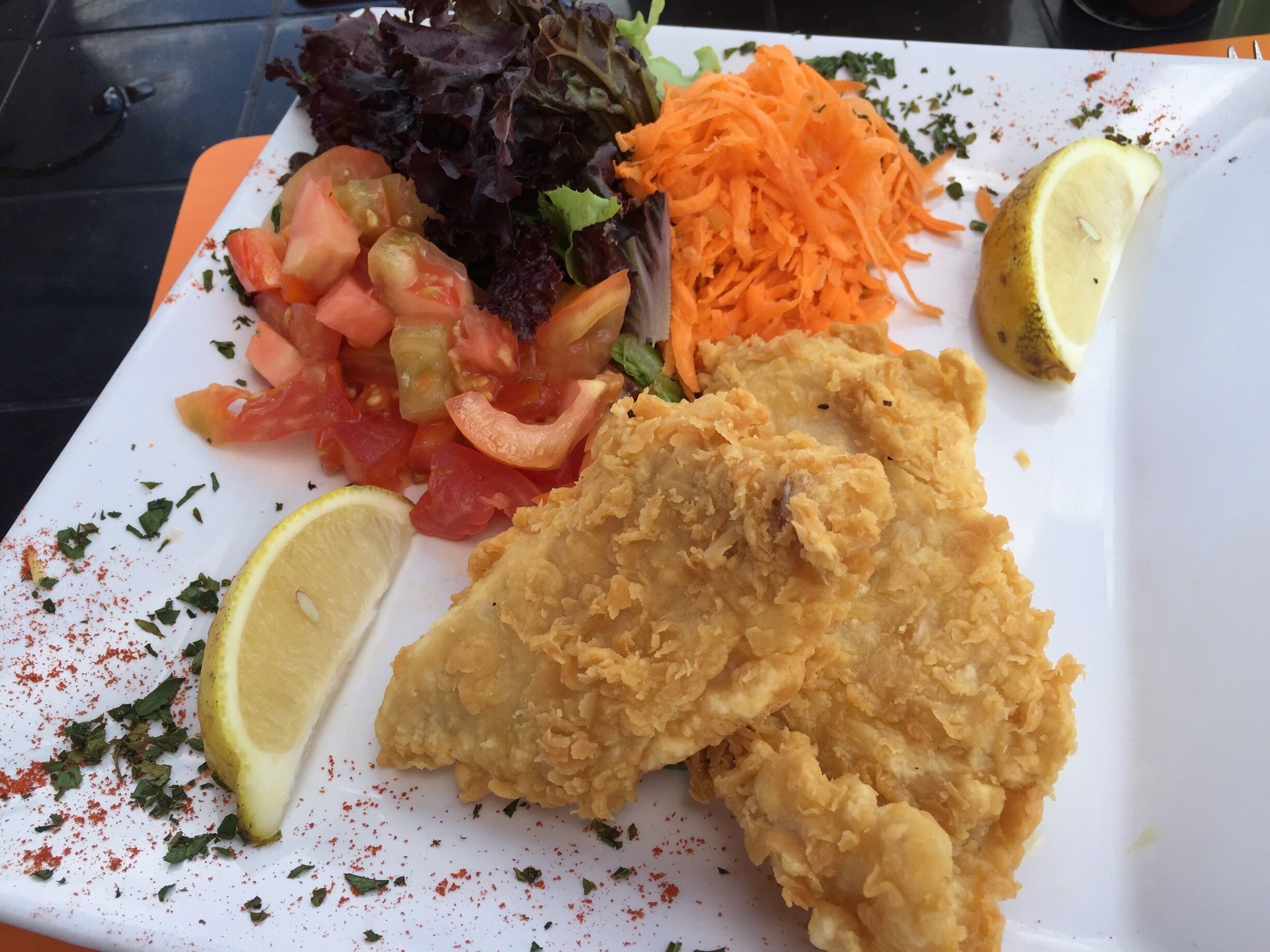 A plate with fried fish, salad, and vegetables.