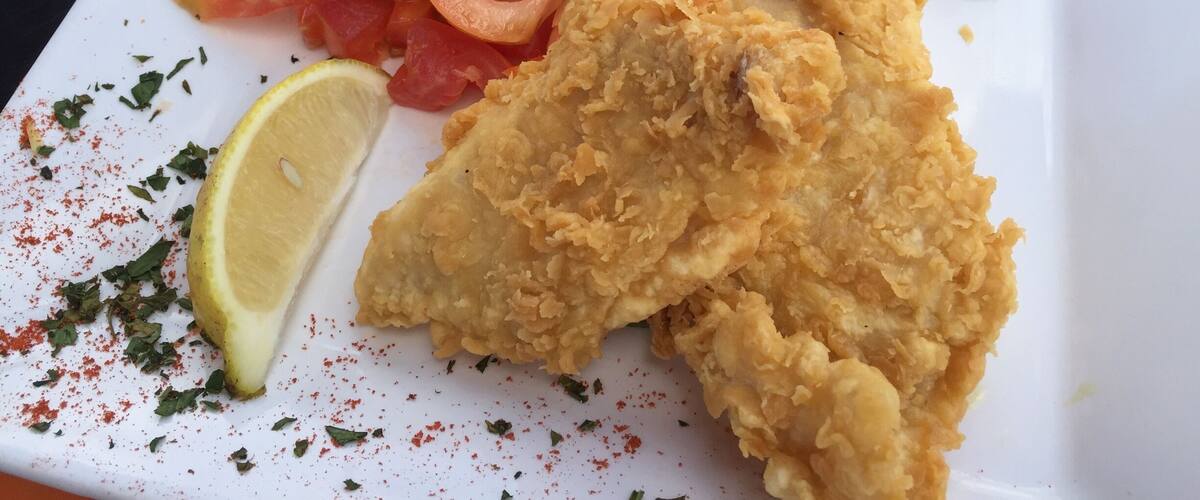A plate with fried fish, salad, and vegetables.