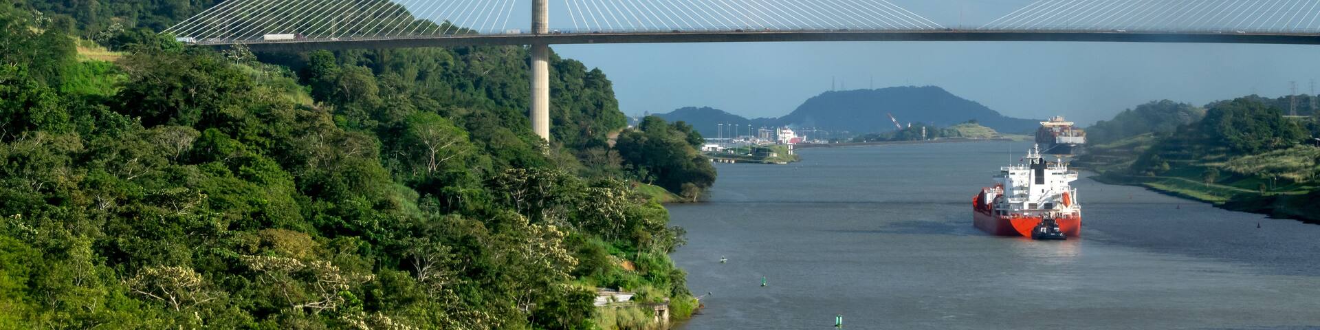 A cable-stayed bridge spanning a river, surrounded by lush greenery and hills.