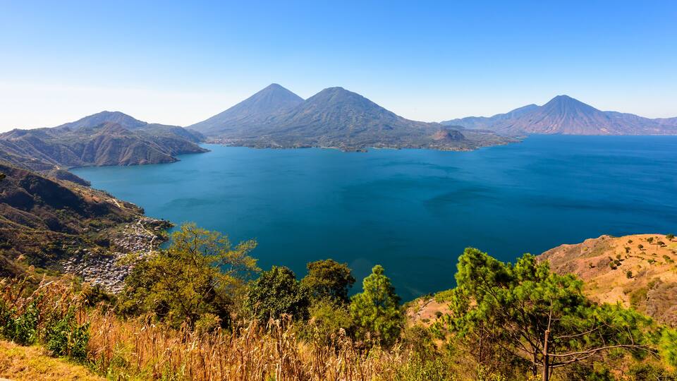 Panorama view of the lake Atitlan and volcanos in the highlands of Guatemala