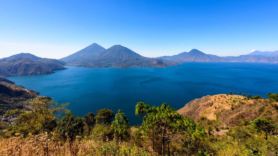 Panorama view of the lake Atitlan and volcanos in the highlands of Guatemala
