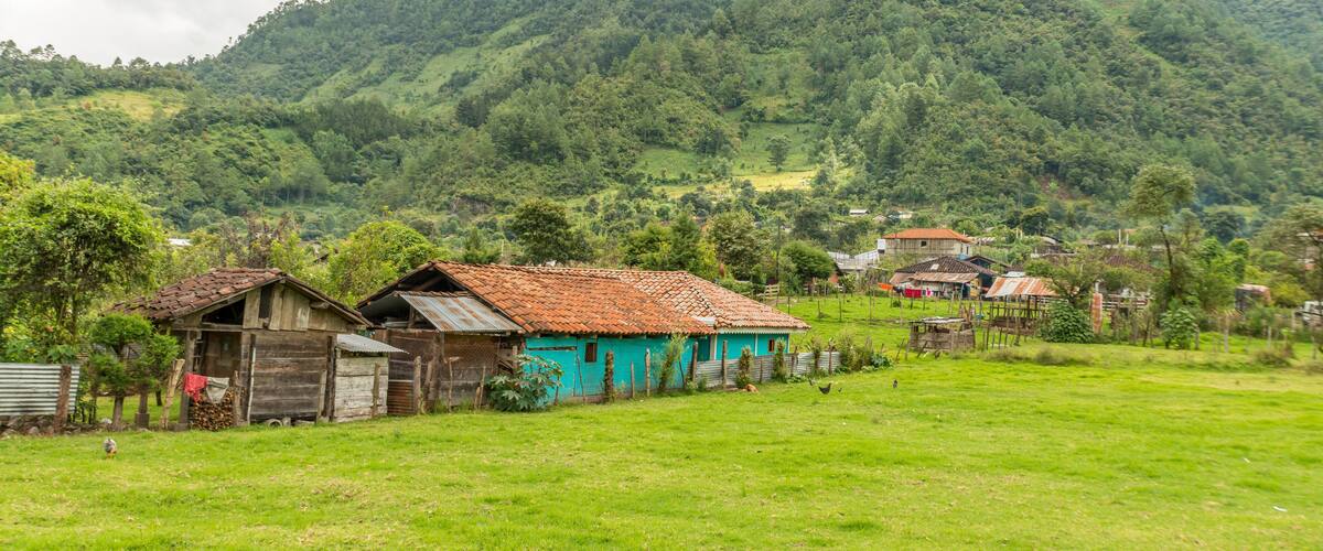 A rural village with traditional houses and a lush green mountain in the background.