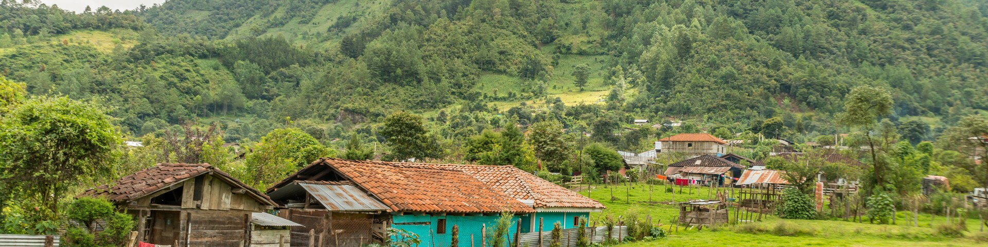 A rural village with traditional houses and a lush green mountain in the background.