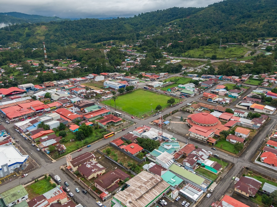 Beautiful aerial view of the town of Siquirris in Limon Costa Rica