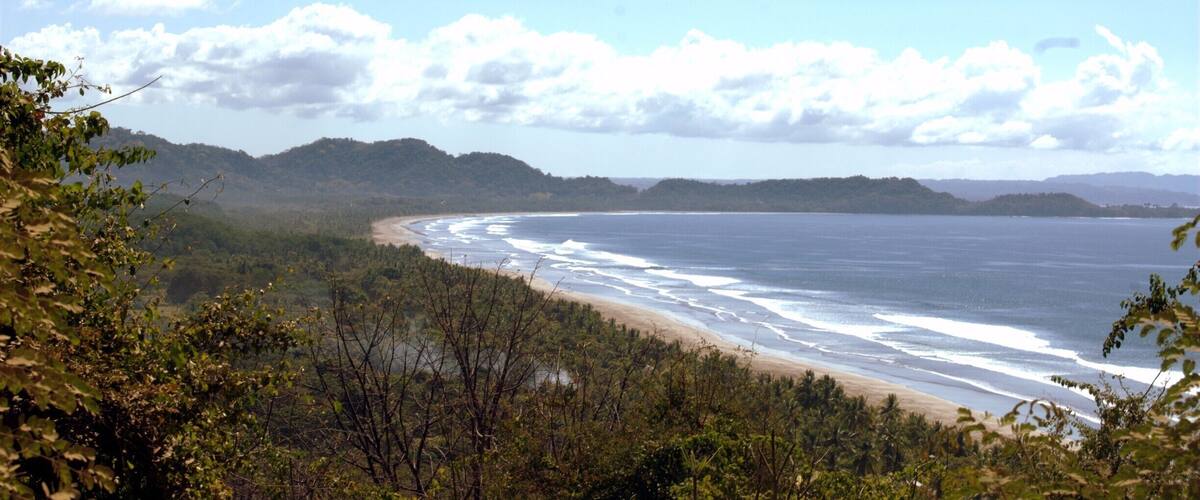 A coastal landscape with a sandy beach, ocean waves, and a forested hillside.