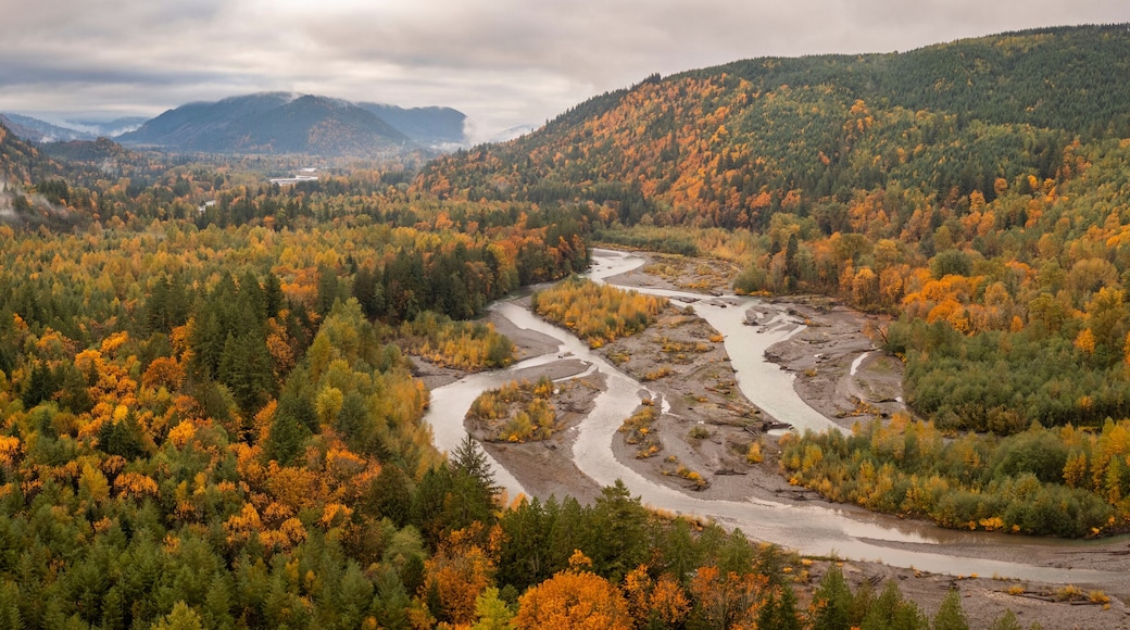 Aerial View of the Magnificent Nooksack River Valley During the Autumn Season. Fall color adds to this beautiful scenic drive up the Mt. Baker Highway to the recreation area of the Pacific Northwest.