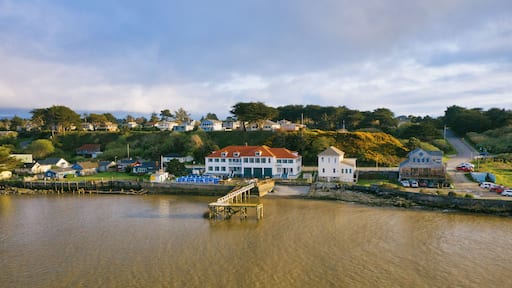 Old Coastguard station in Bandon Oregon, aerial view during sunny afternoon.