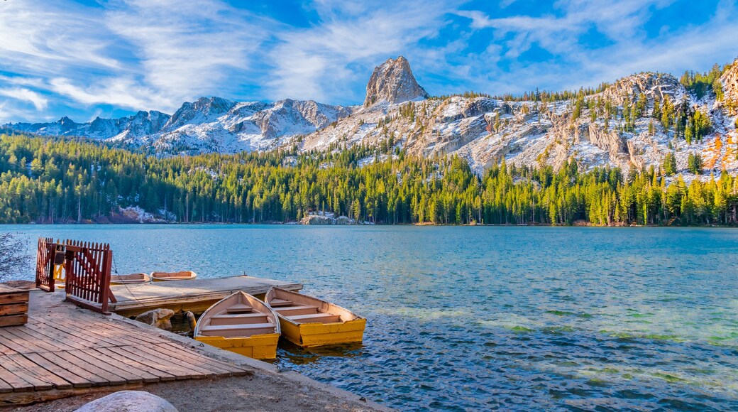 Boats at dock on Lake George under Crystal Crag at Mammoth Lakes, CA
