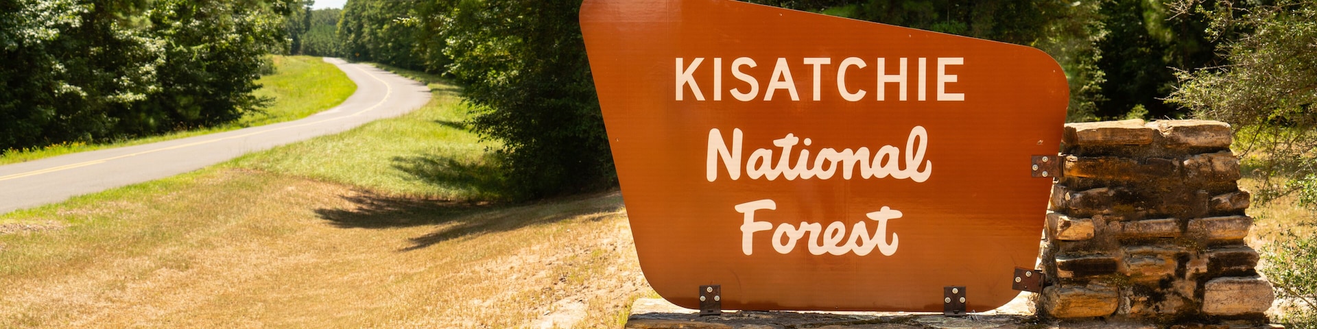 A sign for Kisatchie National Forest with a road curving in the background.