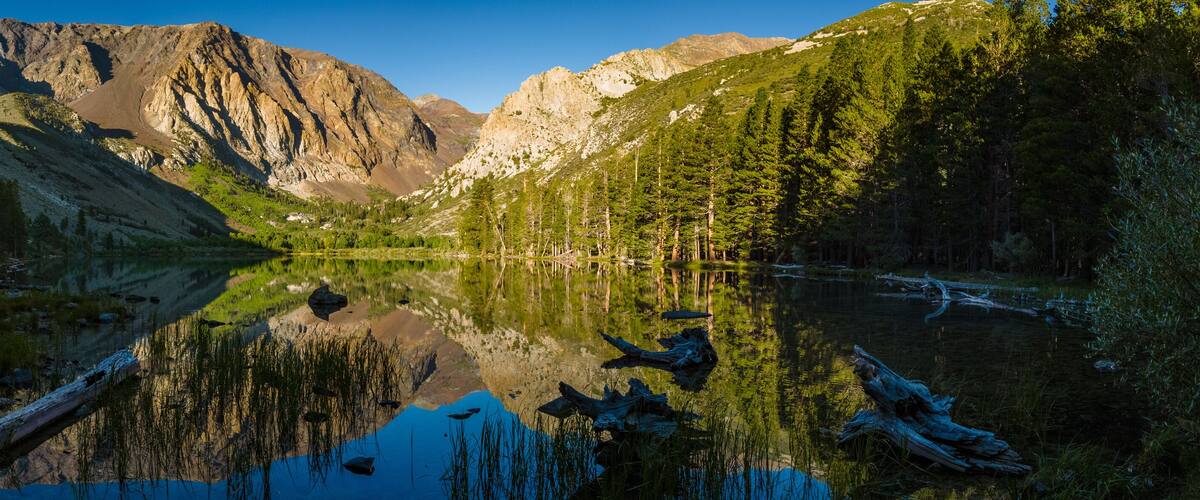 Reflection of mountains and trees on Parker Lake in California eastern sierra mountains