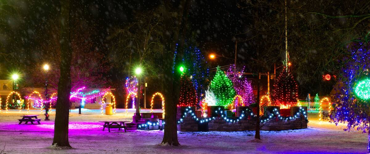 Ein verschneiter Park bei Nacht mit beleuchteten Bäumen und einem Weihnachtsbaum.