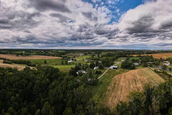 Aerial view of agriculture fields surrounding Salt River bend near Harrodsburg, Kentucky