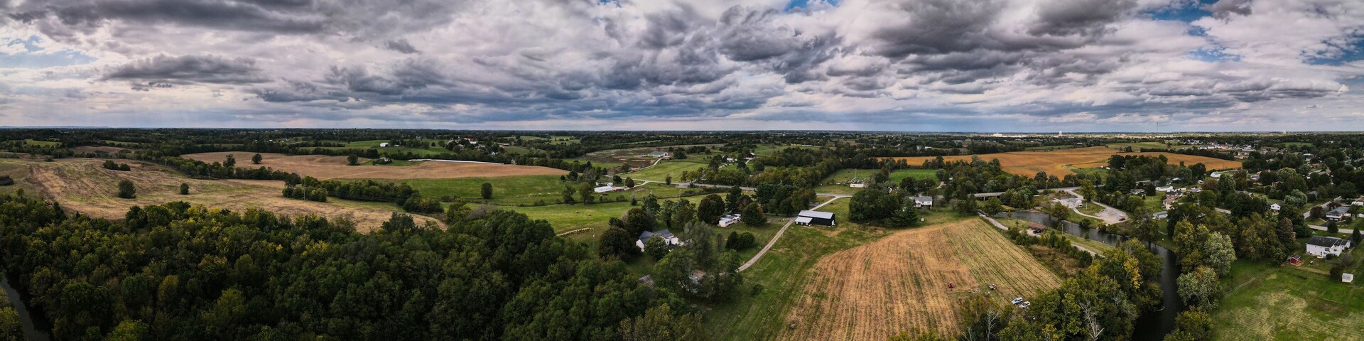 Aerial view of agriculture fields surrounding Salt River bend near Harrodsburg, Kentucky