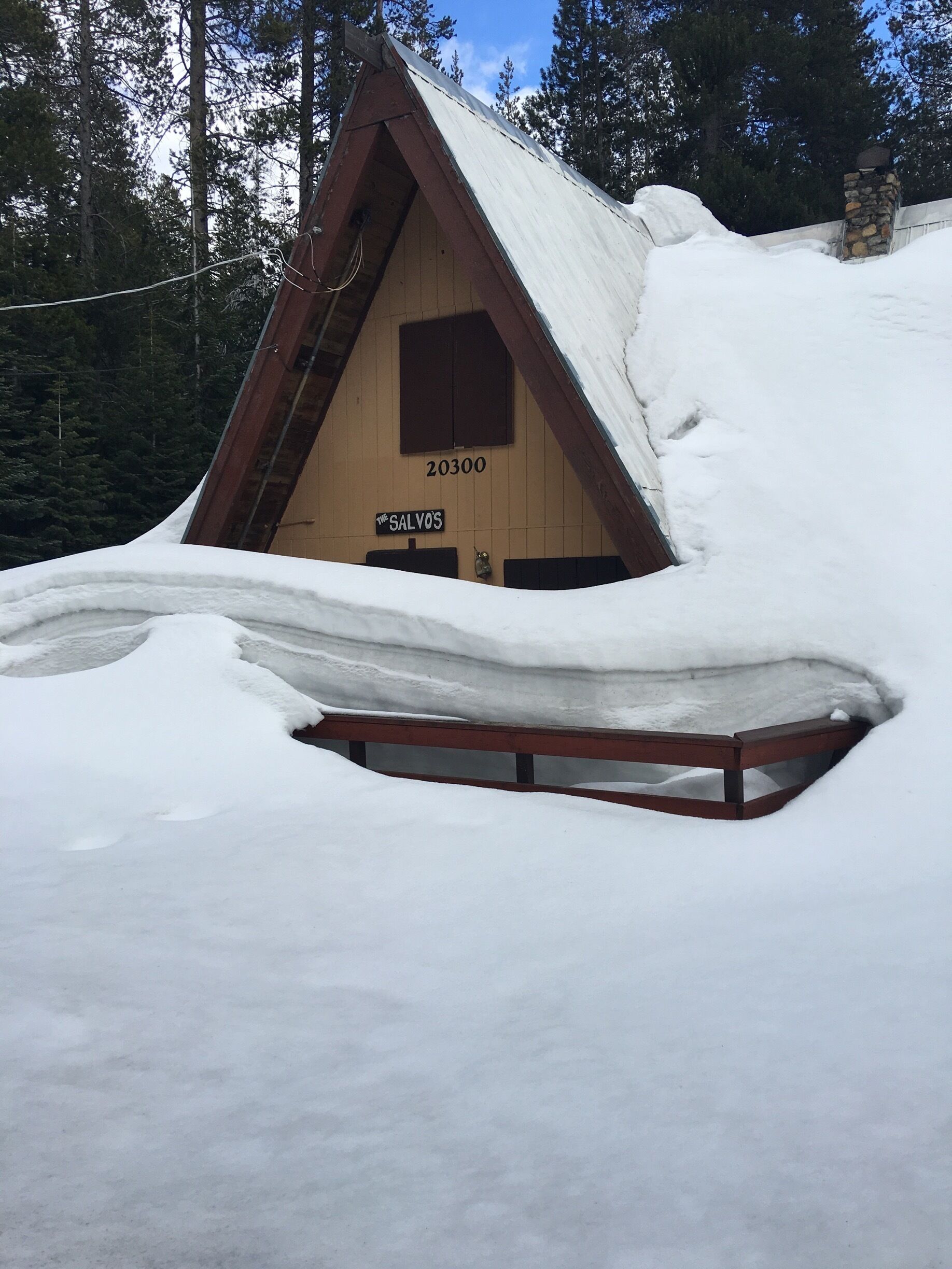 Una cabaña de madera con techo cubierto de nieve, con la inscripción '20300 The Salvos'.