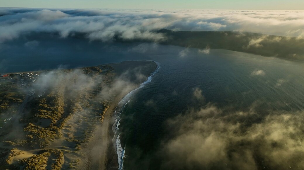 Aerial view of the tranquil coastline with waves and fog, Point Reyes, Dillon Beach, California, United States.