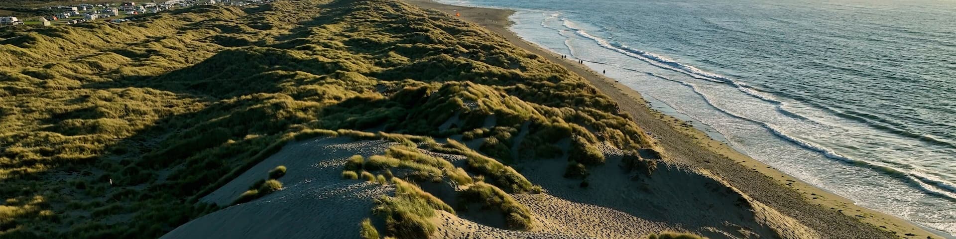 A coastal landscape with grassy dunes, a sandy beach, and a calm sea.