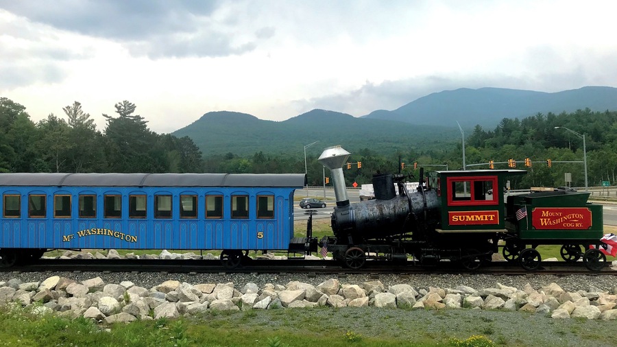 One of the old cog railway steam
engines has been moved down from the Mount Washington base station (where it had been put out for retirement)  to the main intersection in Twin Mountain, New Hampshire.