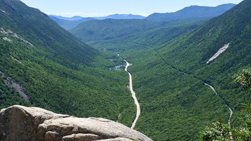 The scenic view of Crawford Notch in the summer from Mt. Willard (2,865 ft) in Carroll County in the White Mountains of NH