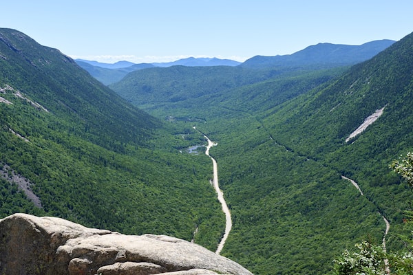 The scenic view of Crawford Notch in the summer from Mt. Willard (2,865 ft) in Carroll County in the White Mountains of NH