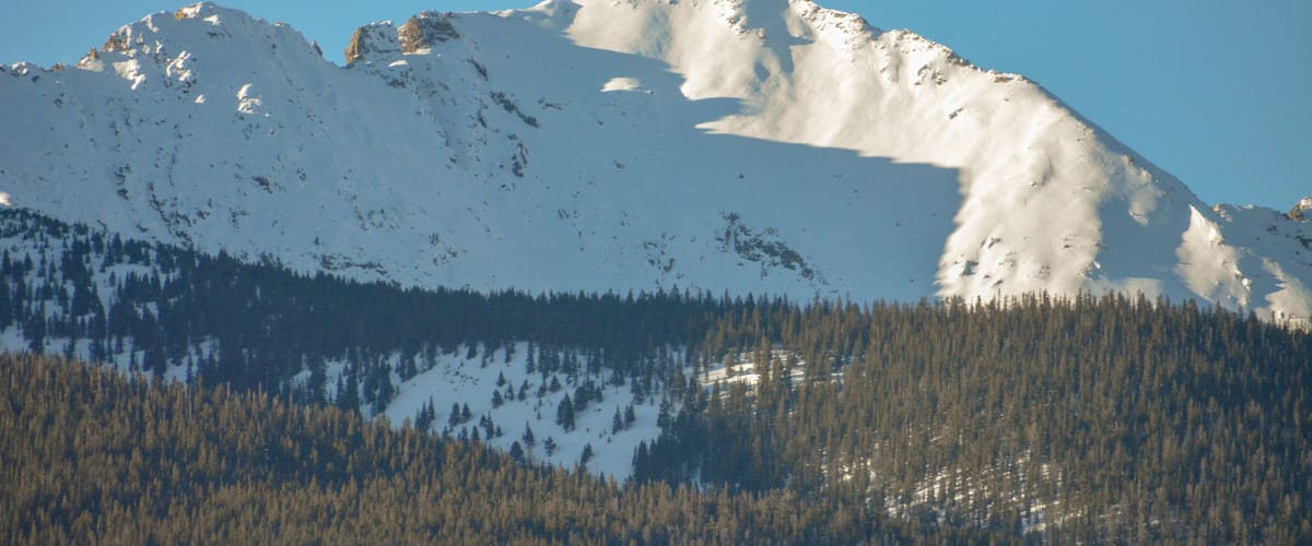 A snow-covered mountain with a forested base.