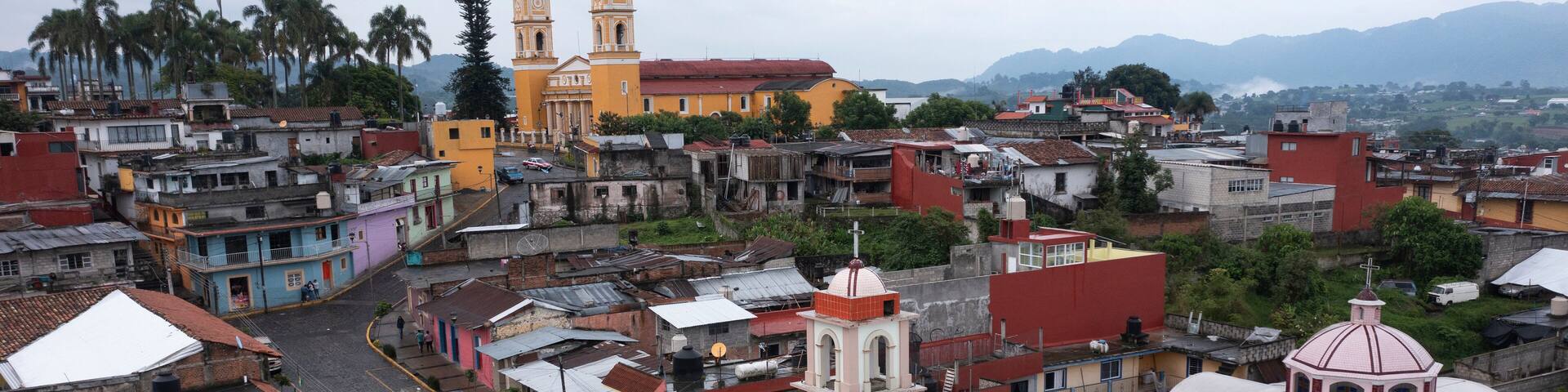 Coscomatepec de Bravo, Veracruz, Mexico - July 13, 2022: Late afternoon monsoon rains fall on the historic city center of Coscomatepec.