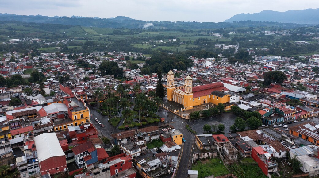 Coscomatepec de Bravo, Veracruz, Mexico - July 13, 2022: Late afternoon monsoon rains fall on the historic city center of Coscomatepec.