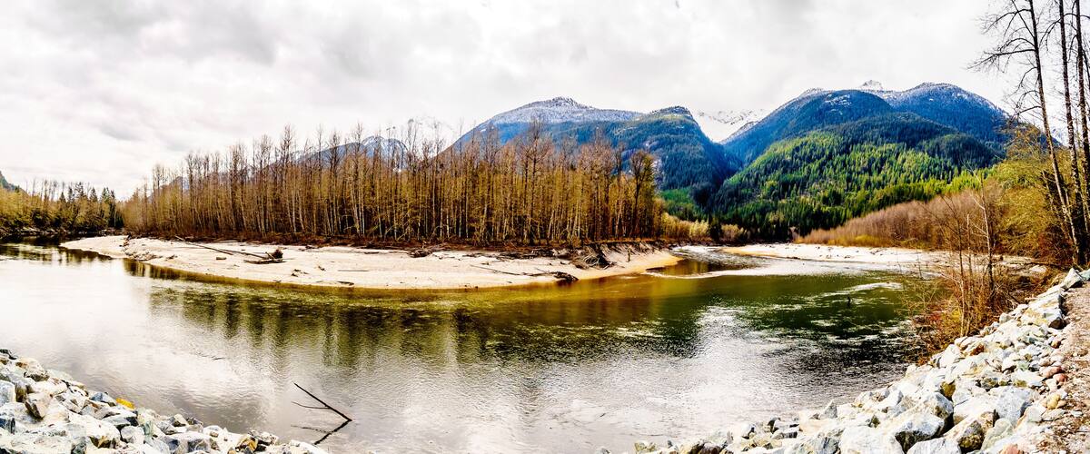 A river with a rocky shoreline, surrounded by trees and mountains.