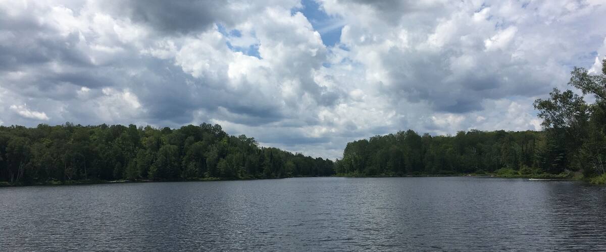 A lake surrounded by dense forest under a cloudy sky.