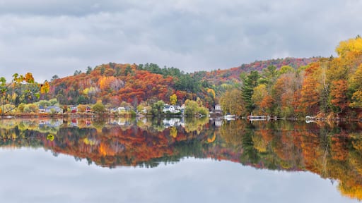 A serene lake with autumn foliage reflecting on the water, surrounded by hills and houses.