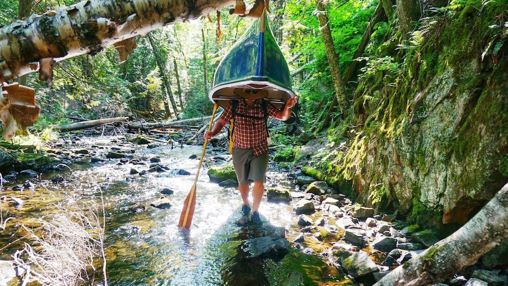 Une personne traverse un petit cours d’eau peu profond dans une zone boisée, où l’on trouve des rochers et des arbres recouverts de mousse.
