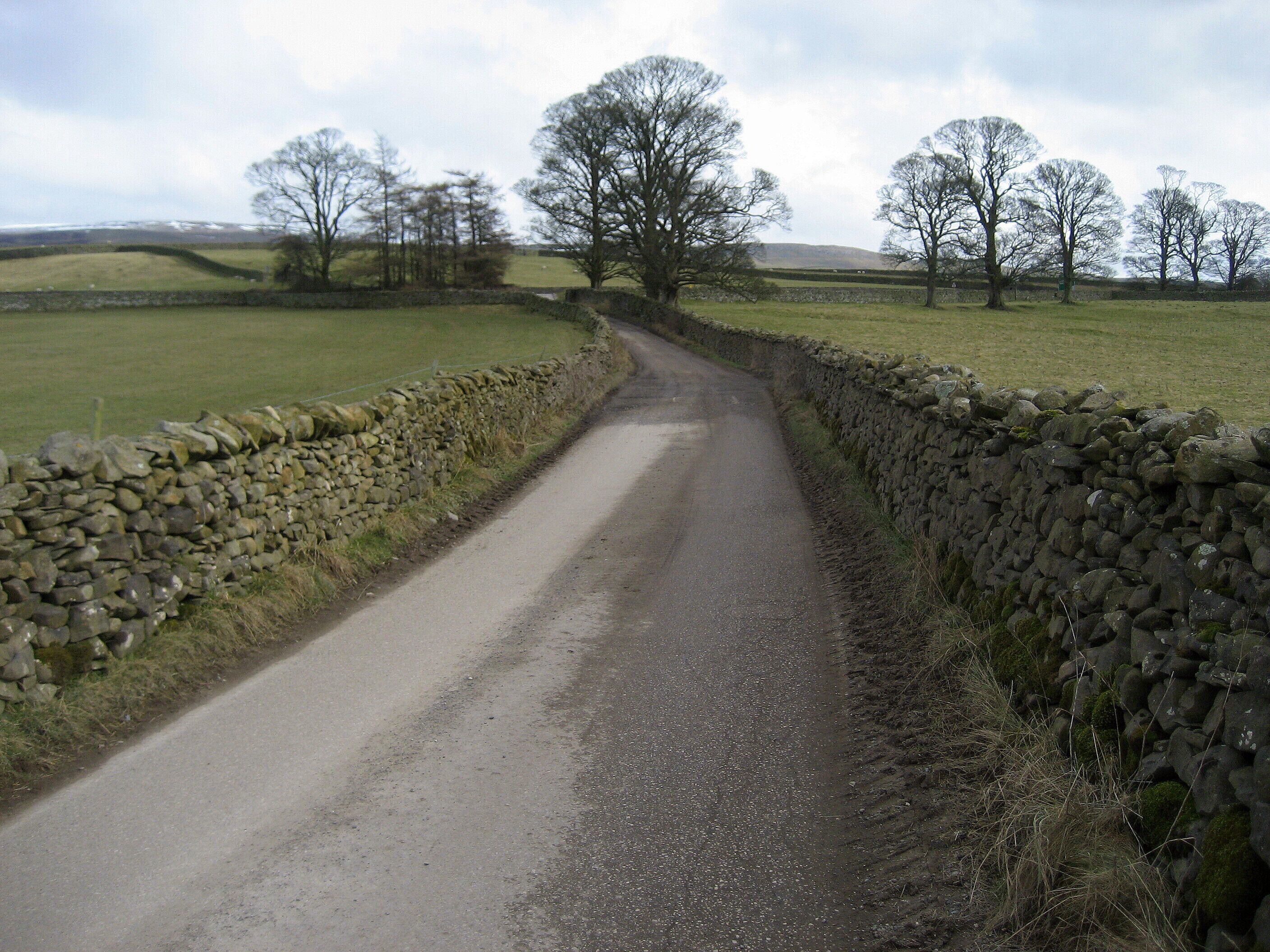 A narrow rural road flanked by stone walls and trees.