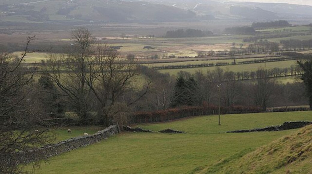 View towards Cors Caron from near Pen-y-graig-isaf farm Looking over good grazing land east of Ystrad Meurig to the vast flat expanses of the bog, with the Cambrian Mountains beyond.