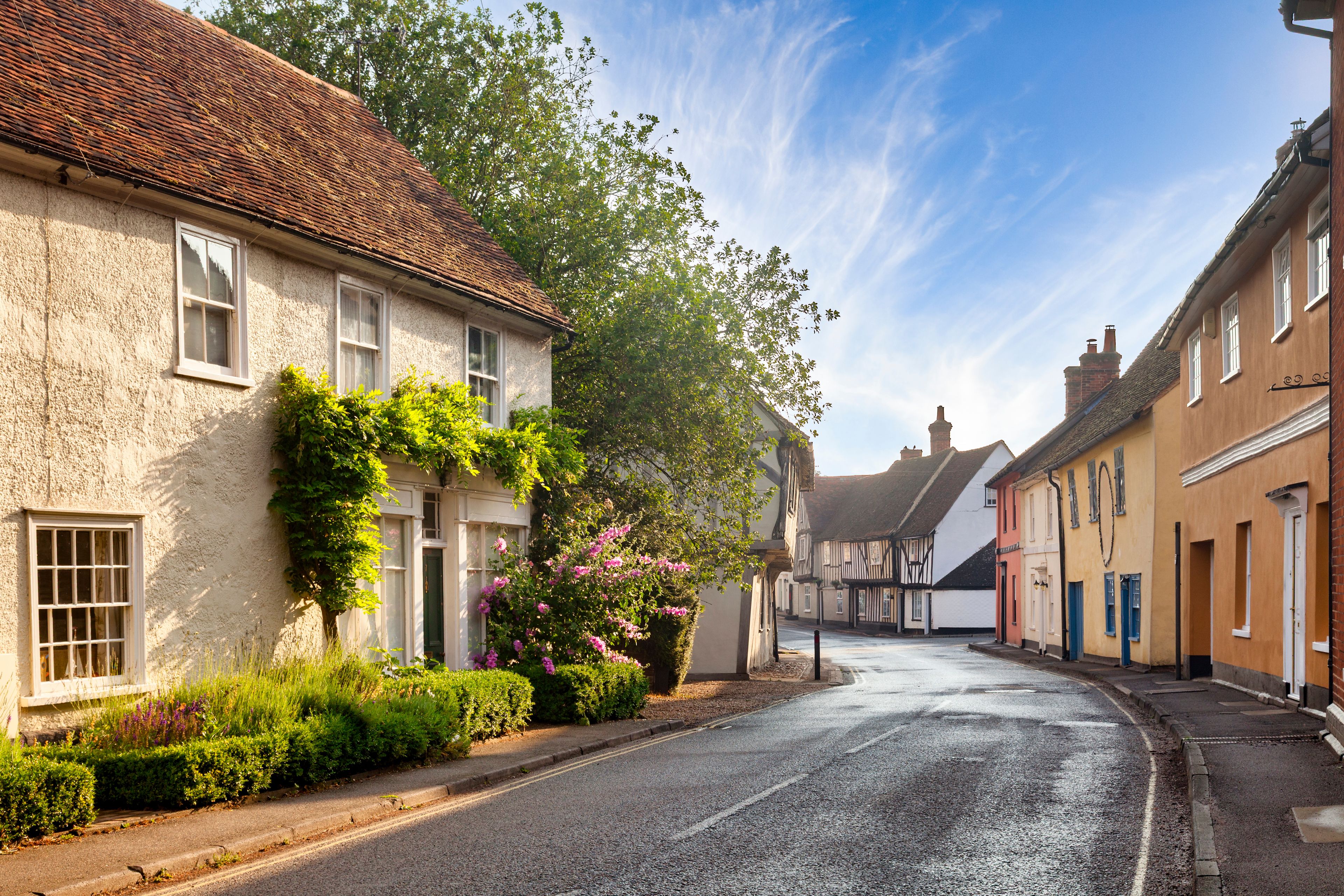 A quaint village street lined with traditional half-timbered houses, a cobblestone road, and lush greenery.