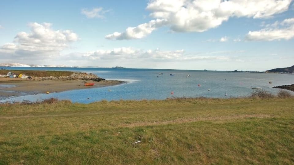A coastal landscape with a grassy foreground, a sandy beach, and calm sea with boats.