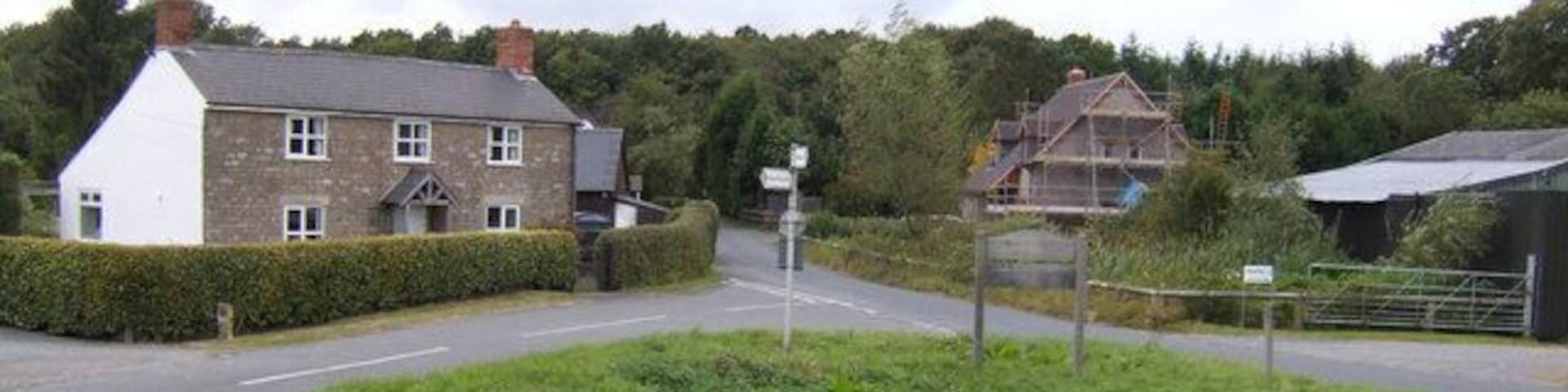 Old and new houses by Haugh Wood Viewed from the corner of Broadmoor Common. The wood is behind the cottages.