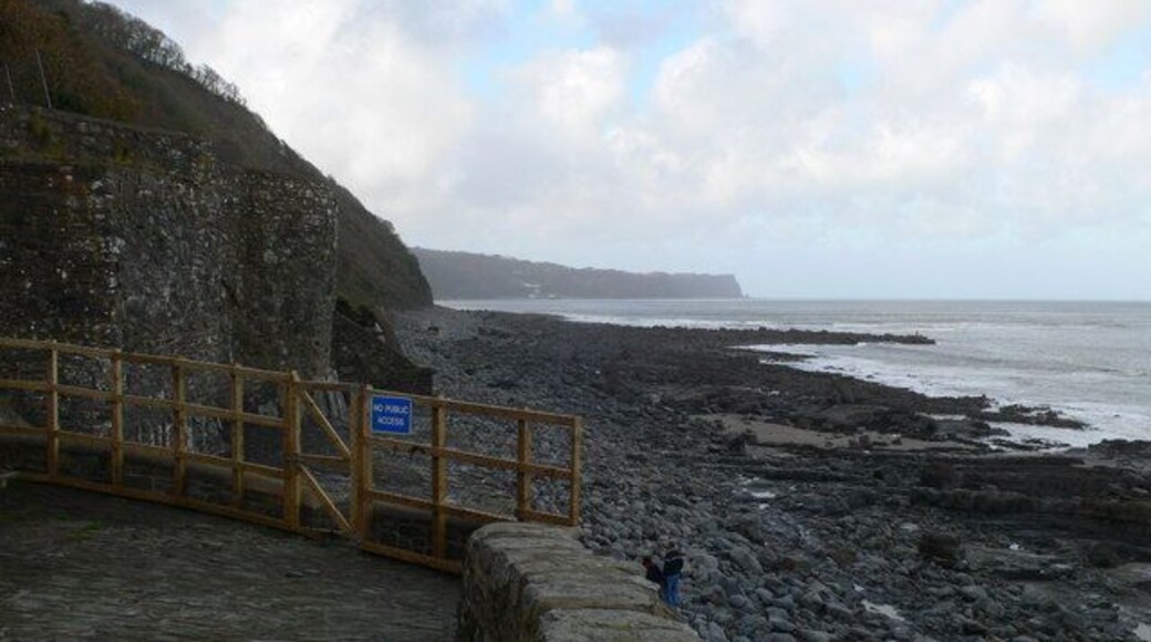 View westward at Buck's Mills beach The old quay juts out into the sea and beyond this, though not visible now, is "the Gore" - a pebble bank which runs out northwards into the sea
