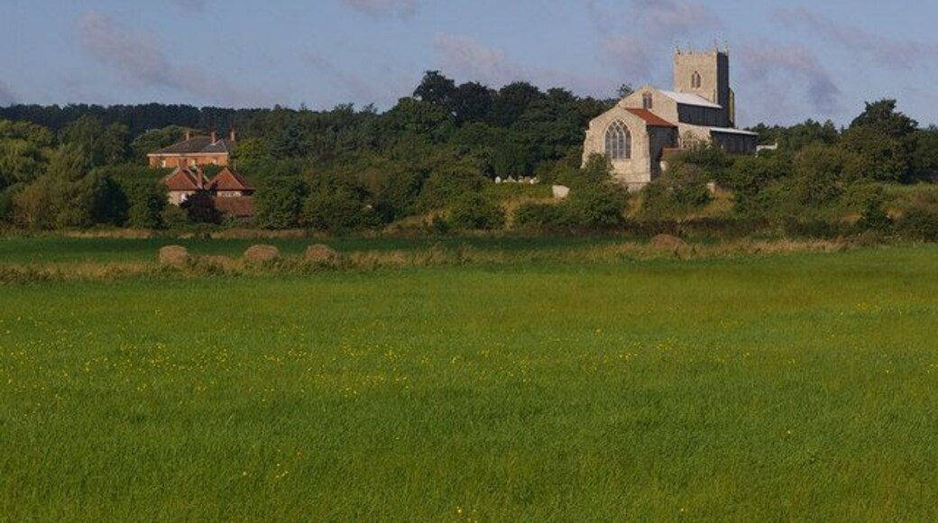 St Mary's Church, Wiveton Viewed across the River Glaven meadows from Glandford Road.